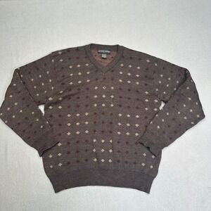 Robert Banks Vintage Mens Brown Merino Wool V-Neck Diamond Pattern Sweater Sz M
